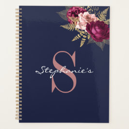 Agenda Personalizado Monograma Burgundy Dorado Floral Ros