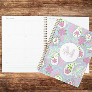 Agenda Personalizado Monogramado Rosa y Paisley Azul
