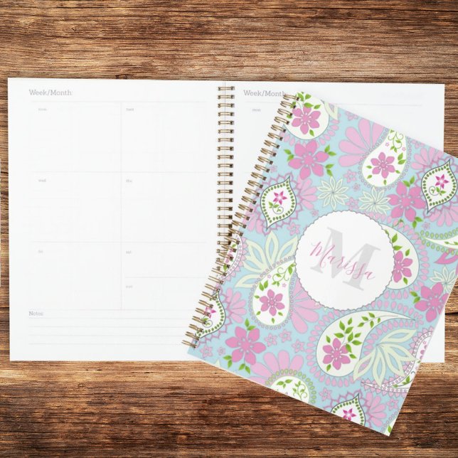Agenda Personalizado Monogramado Rosa y Paisley Azul (Subido por el creador)