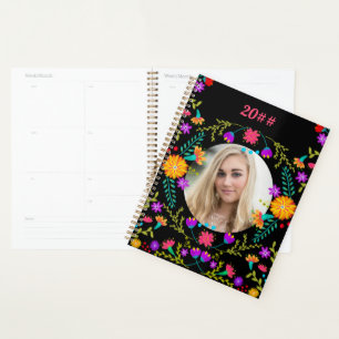 Agenda Personalizado negro de flores de Fiesta mexicana