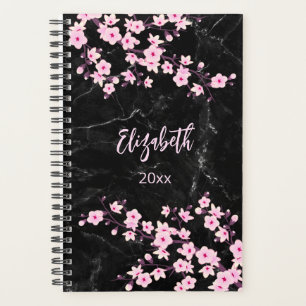 Agenda Personalizado negro rosado de flores de cerezo pla