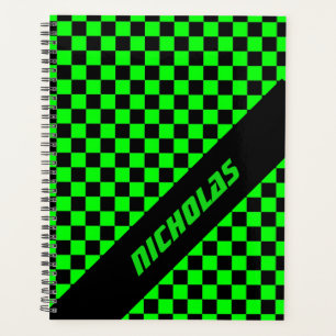 Agenda Personalizado Neon Green Checkered Pattern Planner