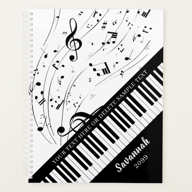 Agenda Personalizado Piano Music Notes Script Name Black  (Anverso)
