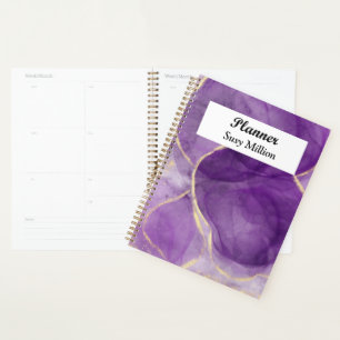 Agenda Personalizado Purple Alcohol Ink Art con Gold Plan