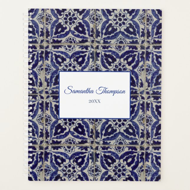 Agenda Personalizado Rustic Italiano Azulejo Azul Geométr (Anverso)
