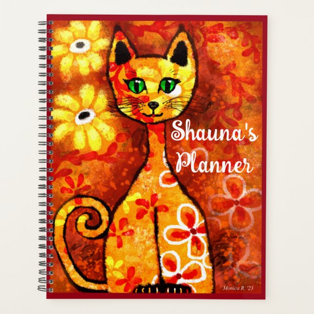 Agenda Personalizado Whimsical Retro Kitty Cat Naranja Re (Anverso)