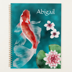 Agenda Pescado japonés de Koi personalizado y flores de c