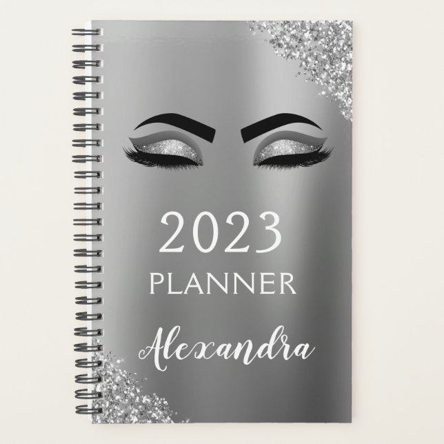 Agenda Pestañas de brillo plateado 2023 Glam (Anverso)