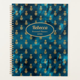 Agenda Piñas doradas modernas personalizables sobre azul