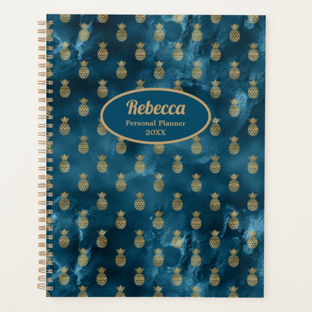 Agenda Piñas doradas modernas personalizables sobre azul  (Anverso)