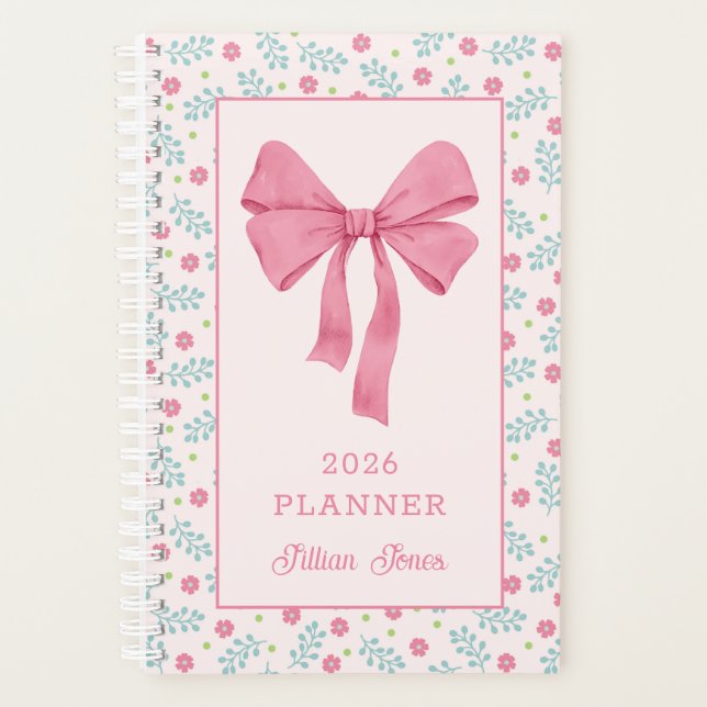 Agenda Pink Coquette Bow Floral Pattern Custom Name (Anverso)