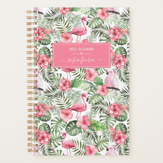 Agenda Pink Flamingos Cockatiels Palms Script Name 2021 (Anverso)