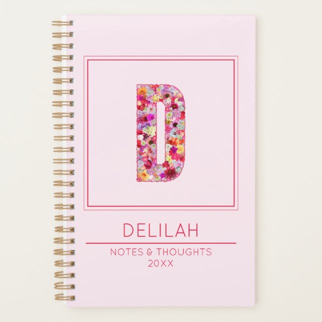 Agenda Pink Floral Feminine Monogram Name Letter D (Anverso)