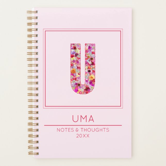 Agenda Pink Floral Monogrammed Name Letter U (Anverso)