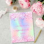 Agenda Pink glitter holographic unicorn name 2023<br><div class="desc">A trendy holographic colored background with unicorn and rainbow pastel colors in pink, purple, rose gold, mint green. Decorated with faux glitter dust in pink. Personalize and add a name, title and a year. The title is written with a girly modern hand lettered style script with swashes. To keep the...</div>