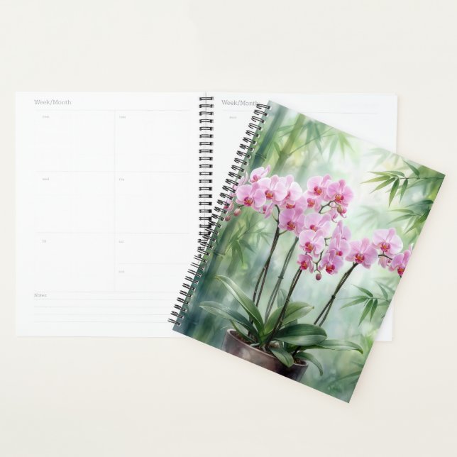 Agenda Pink Orchids On Green Bamboo Background (Demostración)