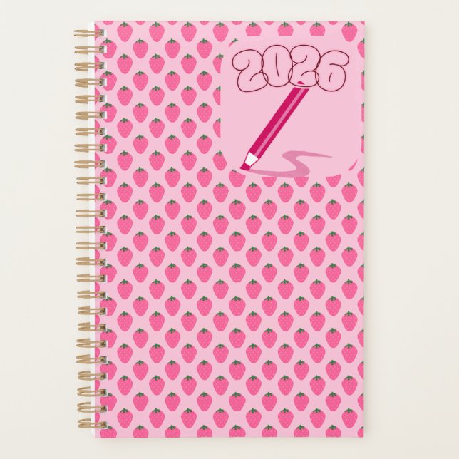 Agenda Pink Strawberries Planner, Cute Fruit Aesthetic (Anverso)