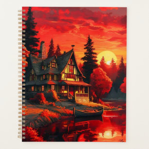 Agenda Pintura de atardecer con cabaña y lago-66633