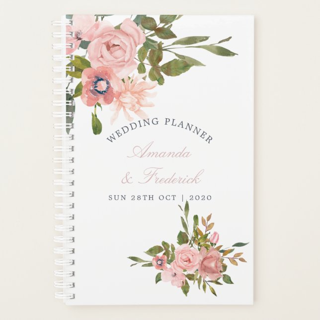 Agenda Planeador de casamiento de rosas rosadas florales  (Anverso)