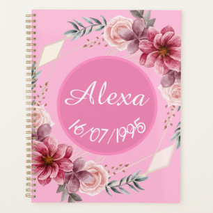 Agenda Planeador de cumpleaños con flores rosadas cútidas