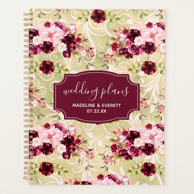 Agenda Planes de Boda floral rosa de Borgoña Verde y Rubo (Anverso)