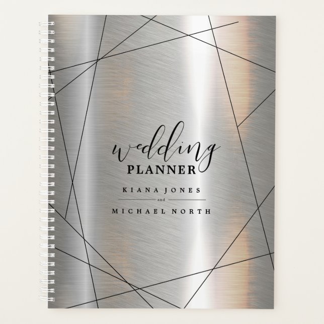 Agenda Planes de Boda geométrico metálico ID648 plateado/ (Anverso)