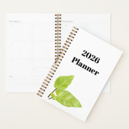 Agenda Planner blanco mínimo con hojas verdes pintadas