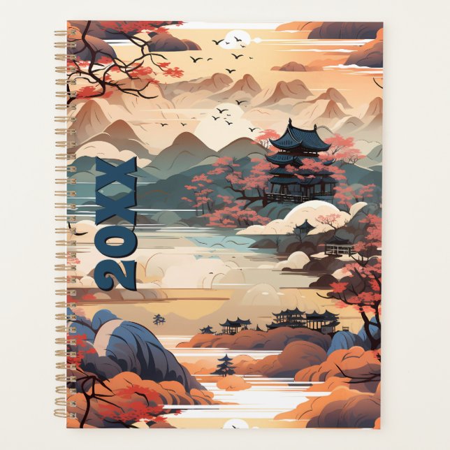 Agenda Planner coreano de templos en Naranja, Verde azula (Anverso)