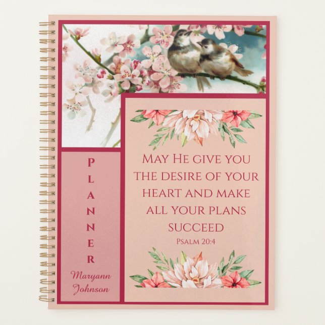 Agenda Planner cristiano floral rosa con aves (Anverso)