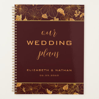 Agenda Planner de Boda Borgoña con Floral de oro de lujo
