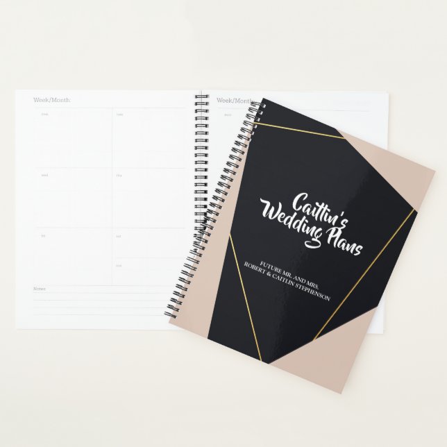 Agenda Planner de boda geométrico rosa negro y dorado (Demostración)
