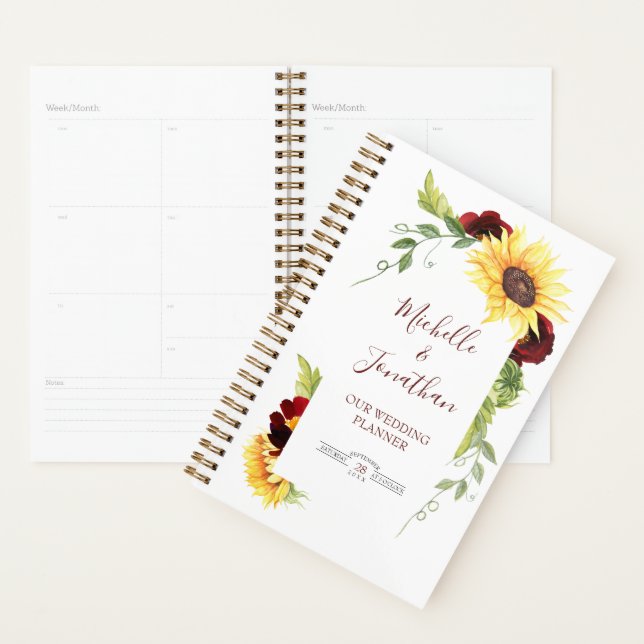 Agenda Planner de casamiento de girasol rojo con borde fl (Demostración)