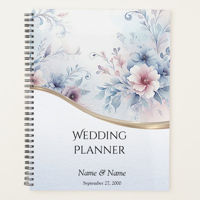 Agenda Planner de casamiento floral azul rosa azul acuare (Anverso)