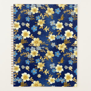Agenda Planner de Chiyogami floral azul oscuro y dorado