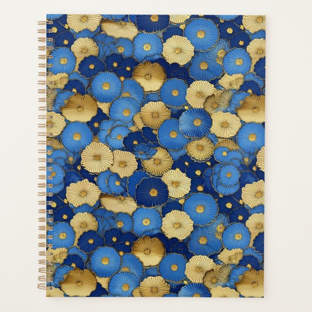 Agenda Planner de Chiyogami floral azul y dorado (Anverso)
