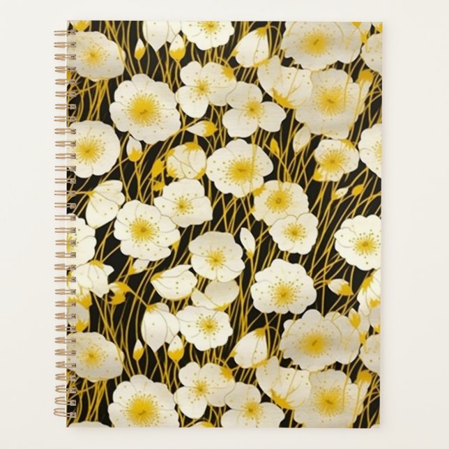 Agenda Planner de Chiyogami floral blanco y dorado (Anverso)