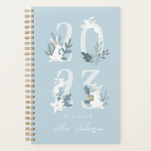Agenda Planner de conejo floral y follaje azul de inviern