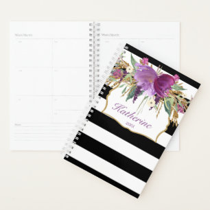 Agenda Planner de flores acuáticas moradas y doradas