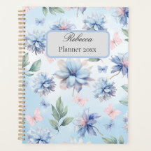 Planner de flores azules y mariposas rosadas