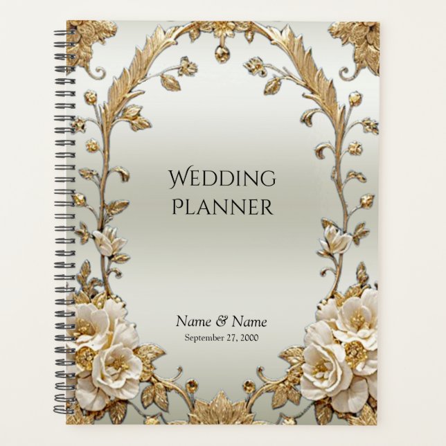 Agenda Planner de flores blancas ornadas doradas (Anverso)