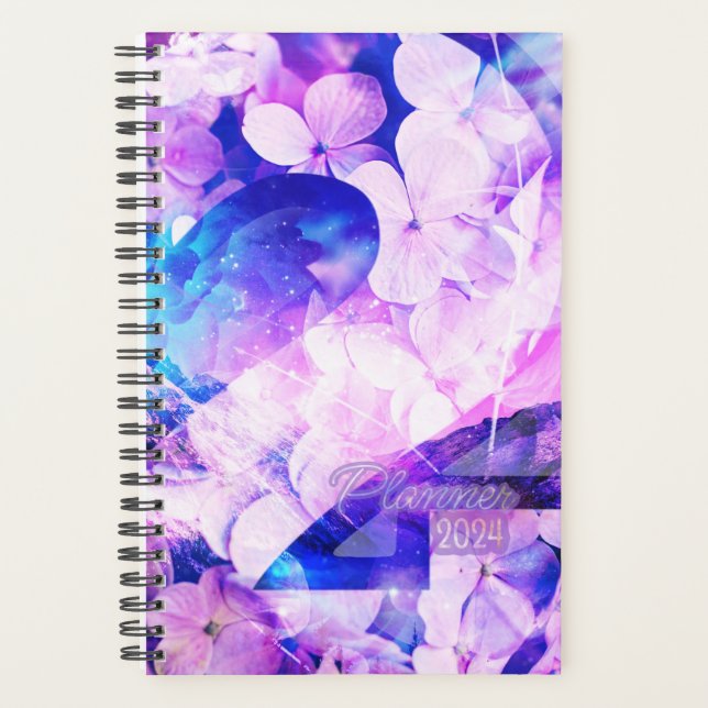 Agenda Planner de flores moradas para 2024 (Anverso)