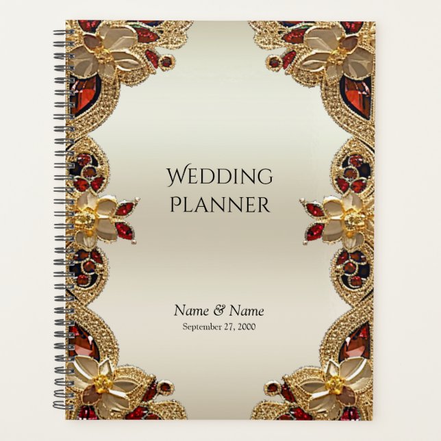 Agenda Planner de guijarros rojos de flores doradas (Anverso)