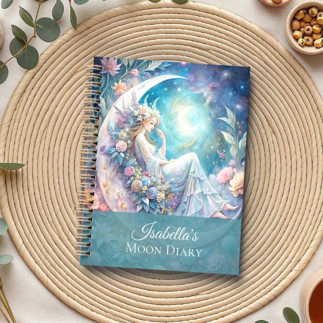 Agenda Planner de hadas de sueños lunares (Lunar Dreams Fairy Planner on a boho table with eucalyptus and a cup of tea.)