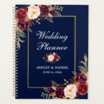 Agenda Planner de la Boda Dorada Azul Floral de Borgoña<br><div class="desc">Elegante Gold Burgundy Marsala Watercolor Floral y Blue Wedding Planner</div>