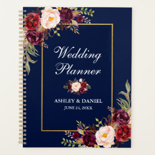 Agenda Planner de la Boda Dorada Azul Floral de Borgoña