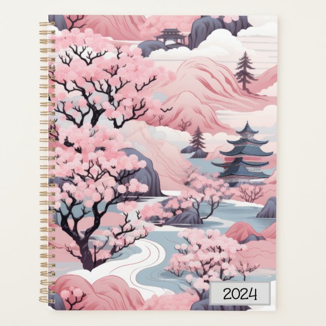 Agenda Planner de paisajes rosa y gris japonés (Anverso)