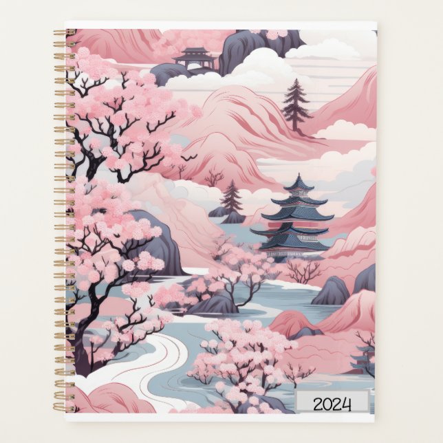 Agenda Planner de paisajes rosa y gris japonés (Anverso)