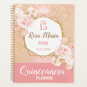 Agenda Planner de Quinceañera Purpurina de Flores Rosada