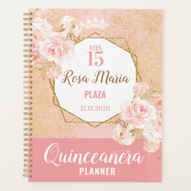 Agenda Planner de Quinceañera Purpurina de Flores Rosadas (Anverso)