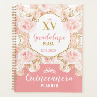 Agenda Planner de Quinceañera Purpurina de Flores Rosadas